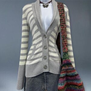 American Eagle Outfitters Grey Cream Striped Knit Cardigan Y2K Babydoll Small